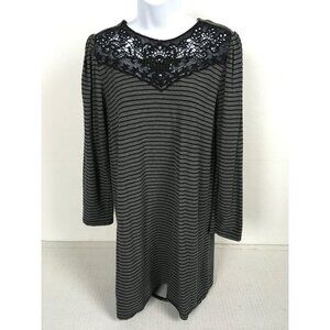 Loft Womens Tunic Top Size L With Lace Detail Black Gray Stripe Lace Neckline